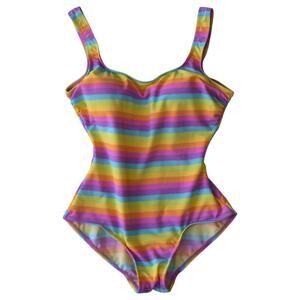 Girl Howdy Rainbow Stripe One Piece Swimsuit Size 12 Made in USA Retro Swimwear